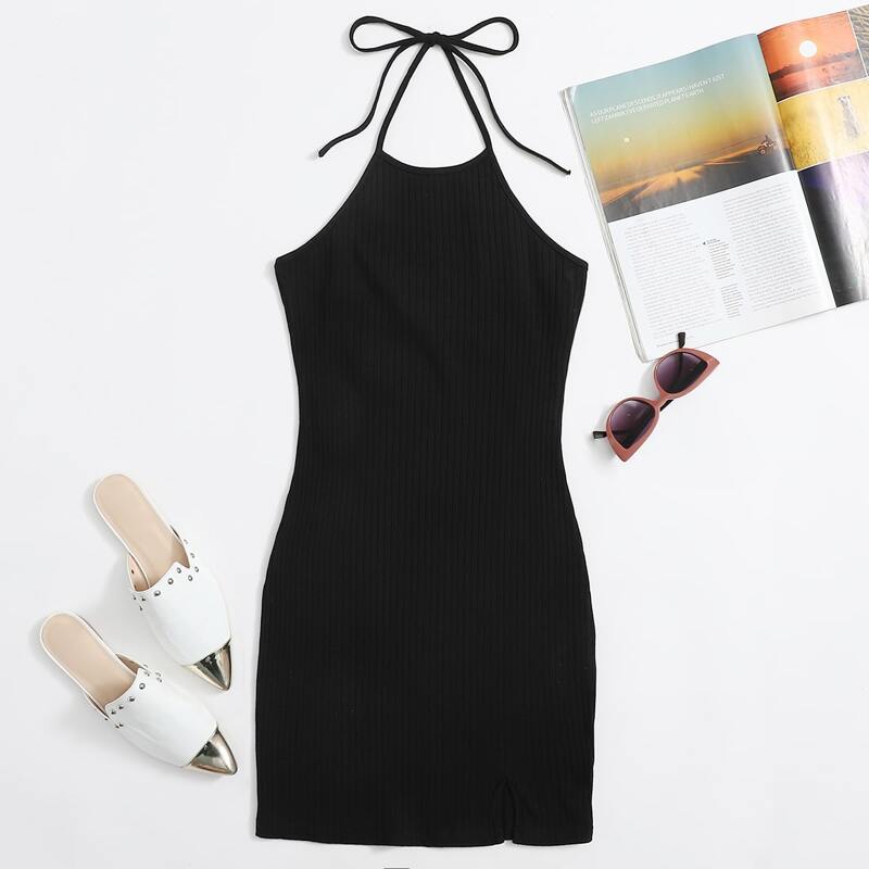 

Tie Back Split Hem Halter Dress, Black