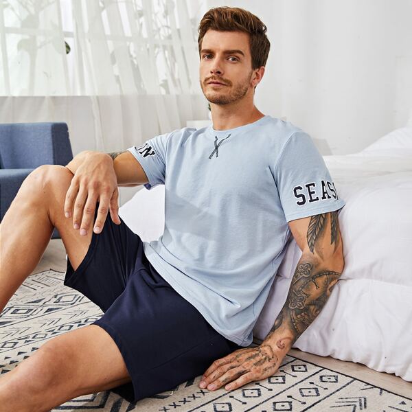 

Men Letter Graphic Crew Neck PJ Set, Multicolor