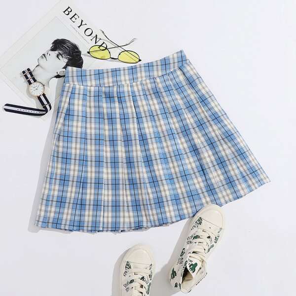 

Tartan Pleated Flare Skirt, Blue and white