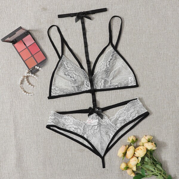 

Contrast Binding Lace Harness Choker Teddy Bodysuit, Black and white