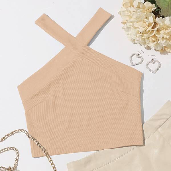 

Crisscross Rib-knit Halter Top, Apricot