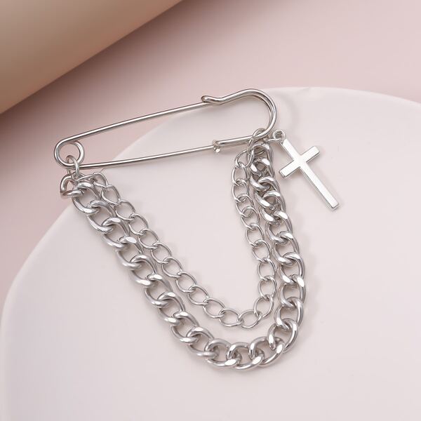 

Men Cross Charm Brooch, Silver