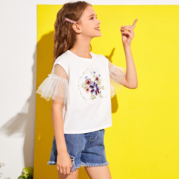 

Girls Guipure Lace Trim Floral Embroidered Mesh Sleeve Top, White
