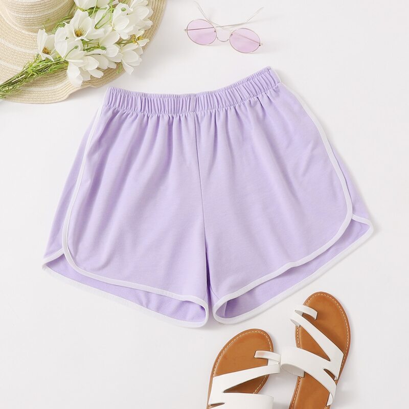 

Contrast Binding Elastic Waist Track Shorts, Lilac purple