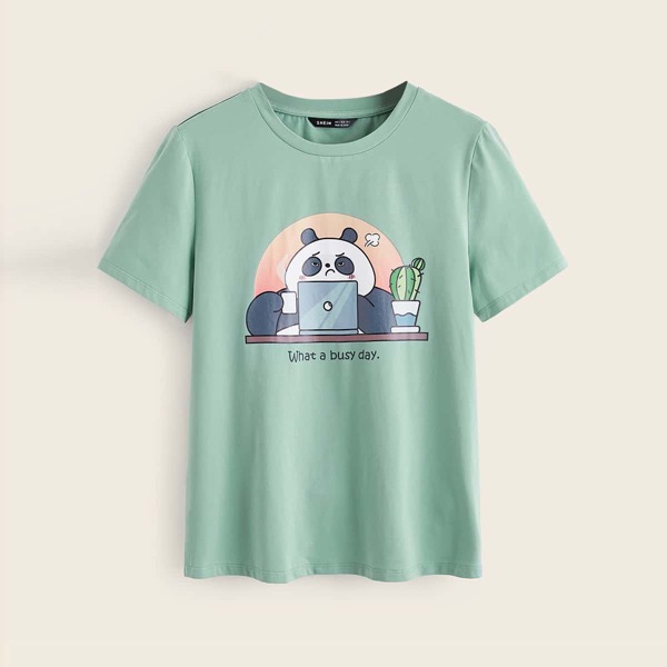 

Cartoon and Slogan Graphic Tee, Mint green