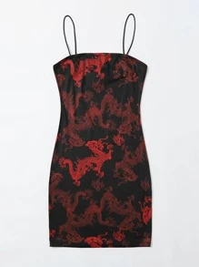 Muchica Dragon Print Bodycon Cami Dress - Black - View 3