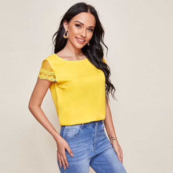 

Embroidery Mesh Sleeve Top, Yellow bright