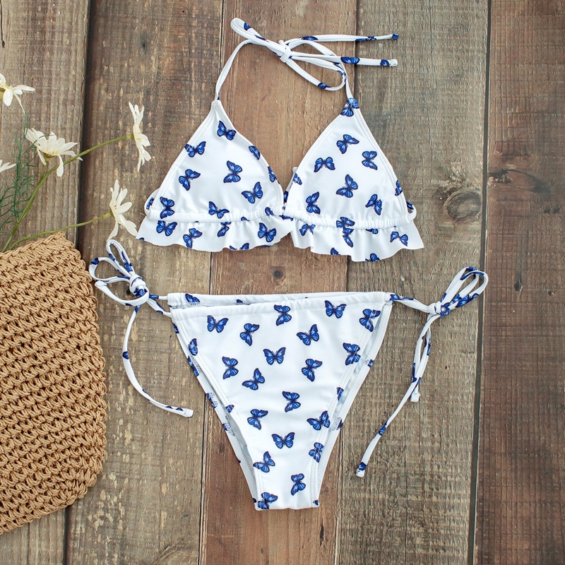 

Butterfly Print Triangle Tie Side Bikini Swimsuit, Blue and white