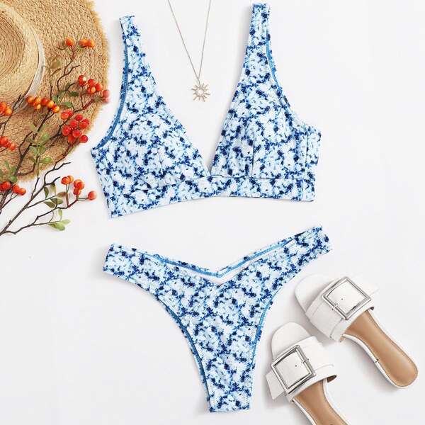 

Tie Dye High Cut Bikini Swimsuit, Blue and white