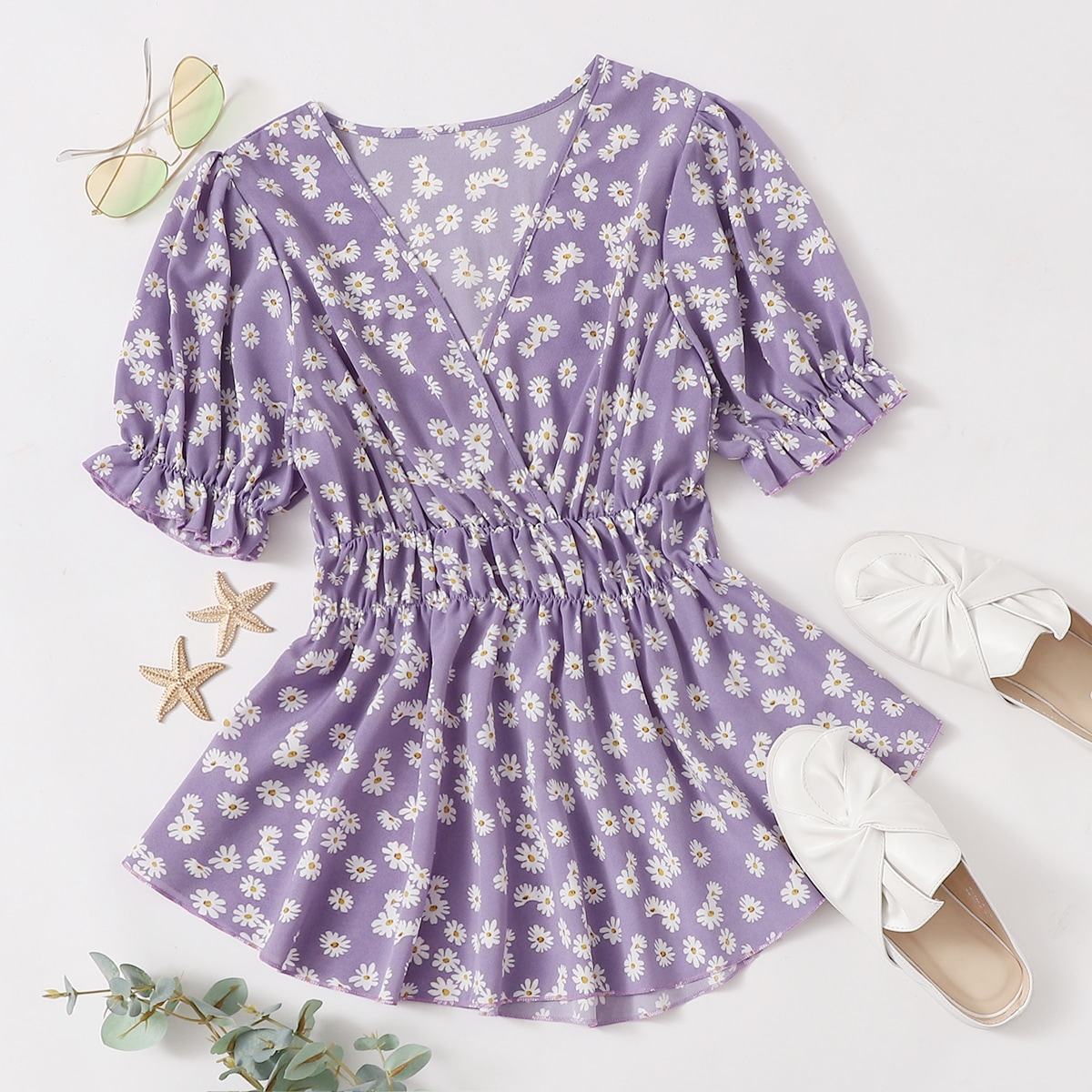 Image of Allover Floral Print Surplice Front Peplum Blouse