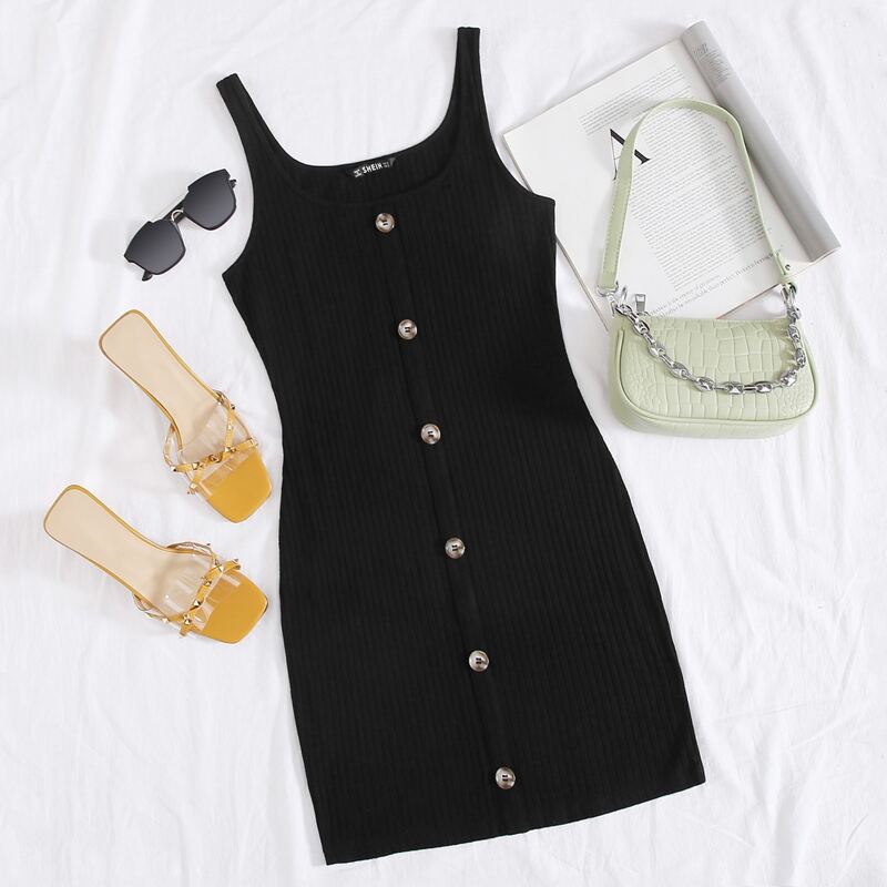 

Single Breasted Rib-knit Bodycon Dress, Black