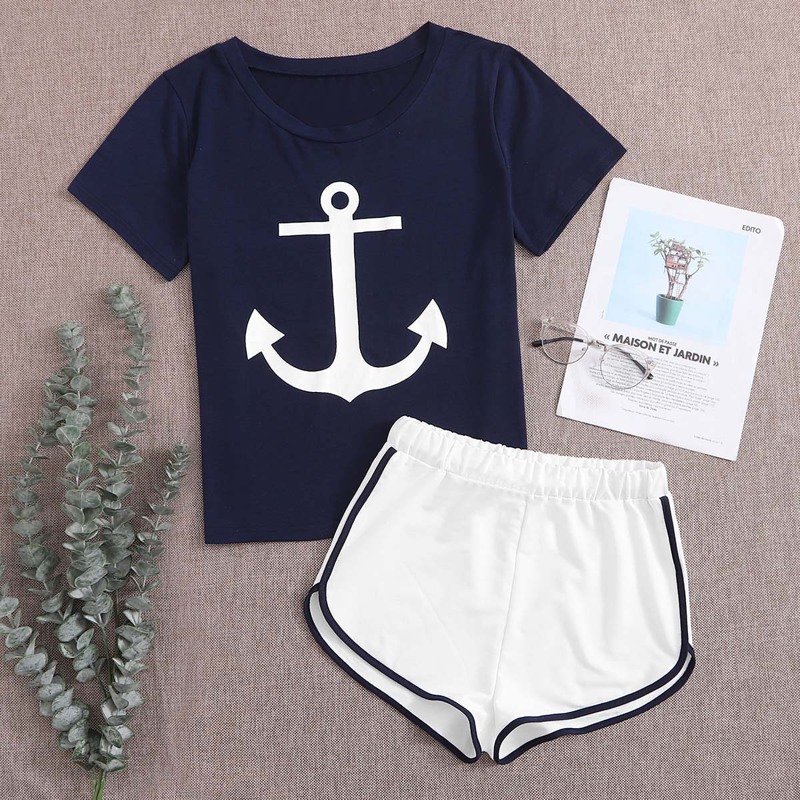 

Anchor Graphic Tee & Dolphin Shorts, Blue and white
