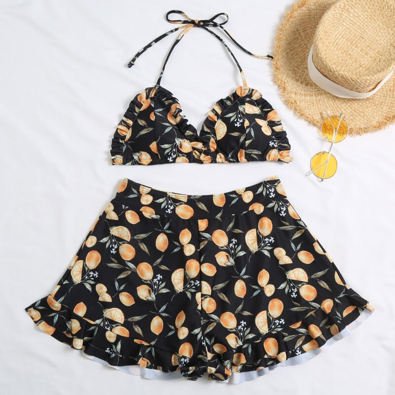 

Fruit Print Frill Triangle Bikini Swimsuit, Black