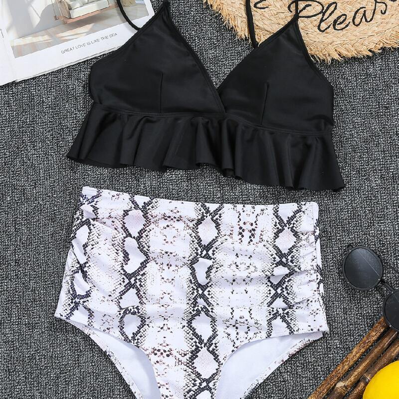 

Snakeskin Ruffle Hem High Waisted Bikini Swimsuit, Black and white