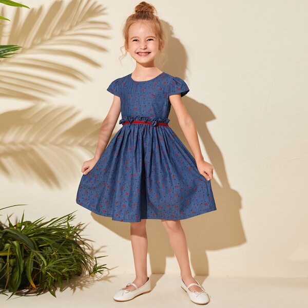 

Toddler Girls Polka Dot Frill Trim Tie Back Denim Dress, Dark wash