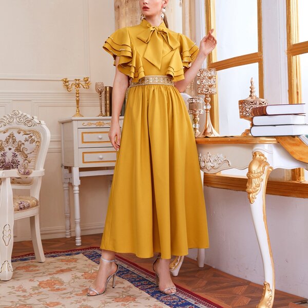 

Tie Neck Layered Butterfly Sleeve Pearl Beaded Sequin Embroidered Panel Dress, Bright mustard yellow