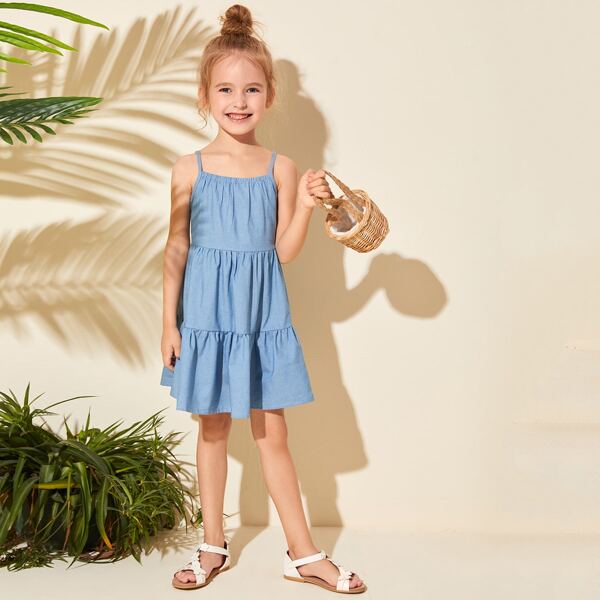 

Toddler Girls Solid Ruffle Hem Denim Cami Dress, Light wash