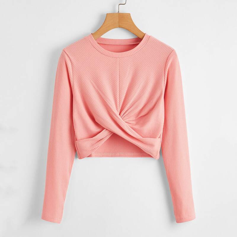 

Twist Front Ribbed Tee, Coral pink