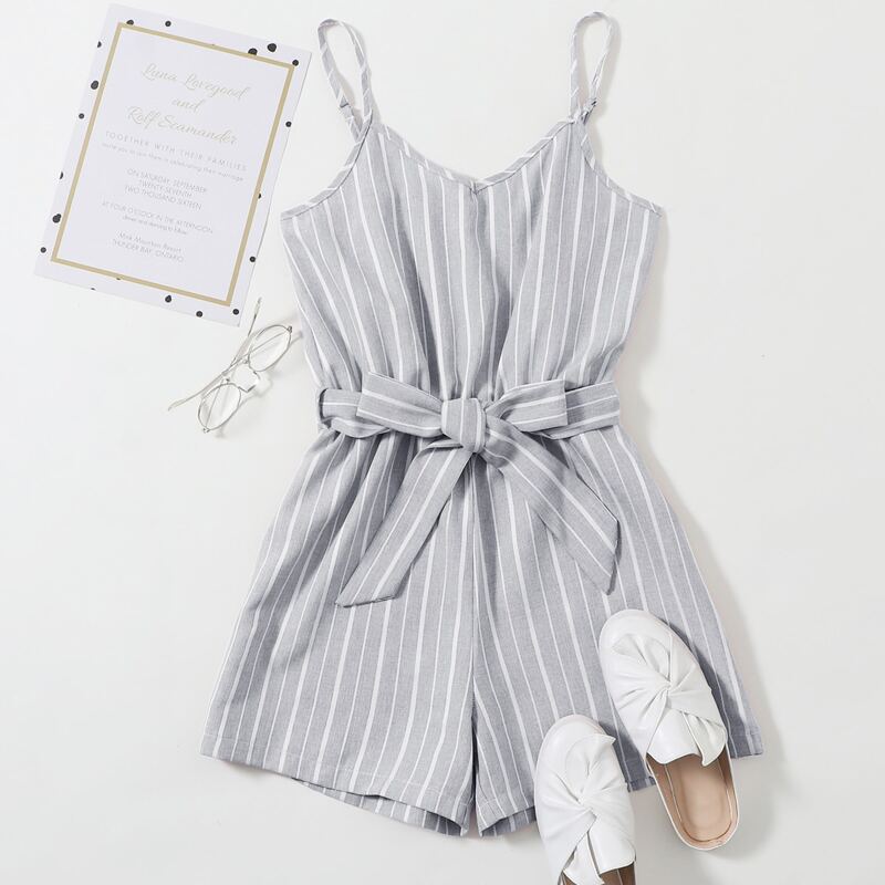 

Striped Belted Cami Romper, Light grey