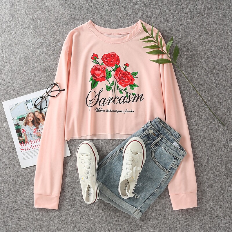 

Rose Print Letter Graphic Sweatshirt, Dusty pink