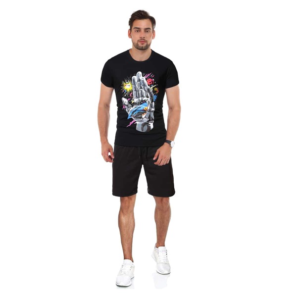 

Men Hand & Galaxy Print Tee With Shorts, Black