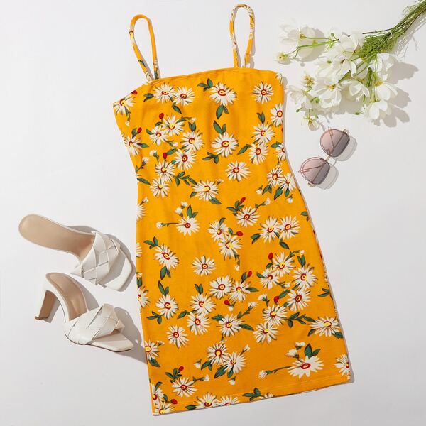 

Daisy Print Bodycon Dress, Bright mustard yellow
