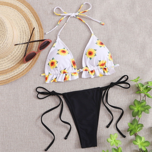 

Sunflower Print Triangle Tie Side Bikini Swimsuit, Multicolor