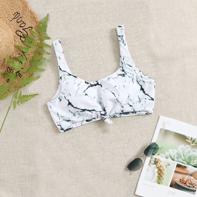 

Marble Print Knot Front Bikini Top, White