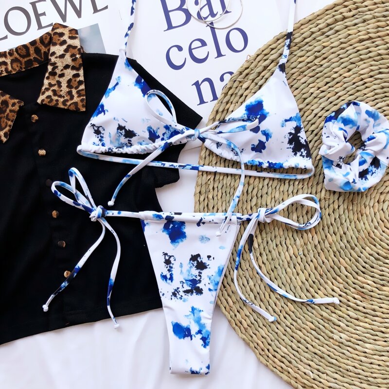 

Tie Dye Triangle Tie Side Bikini Swimsuit & Scrunchie, Blue and white