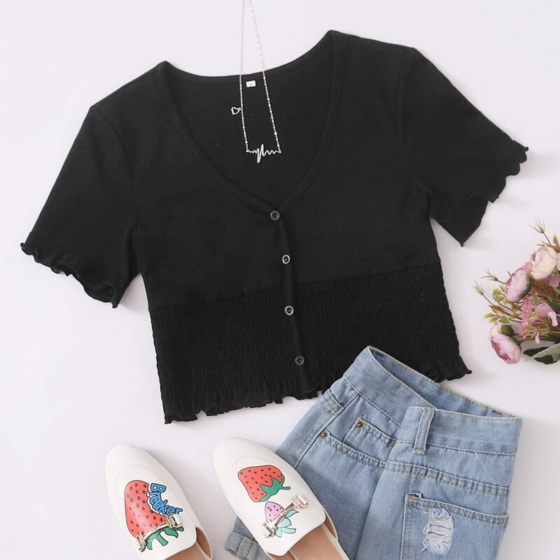 

Black Button Front Shirred Tee