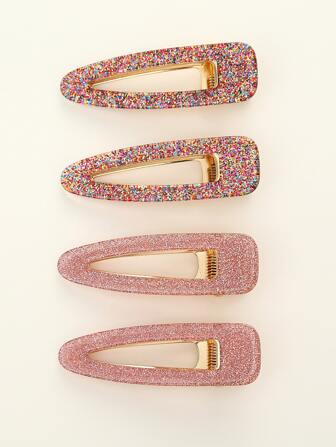 4个闪亮发夹，适合女孩日常发型，休闲可爱粉色配饰，爪夹，发卡，发饰，学习用品，美发配件