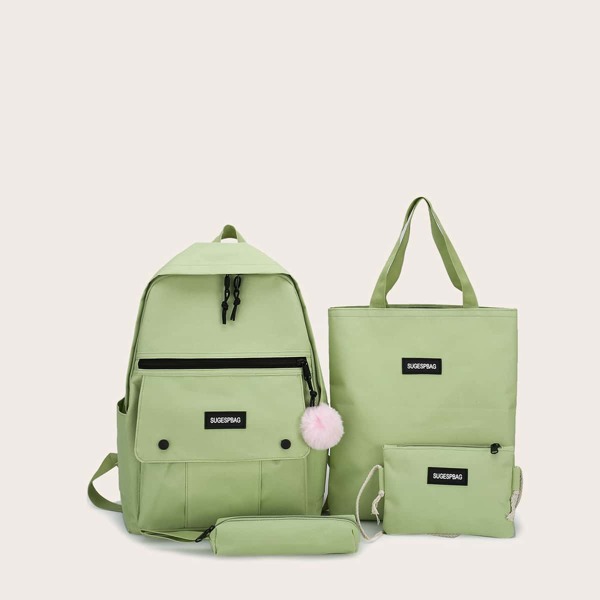 

4pcs Letter Graphic Backpack With Pencil Case, Green