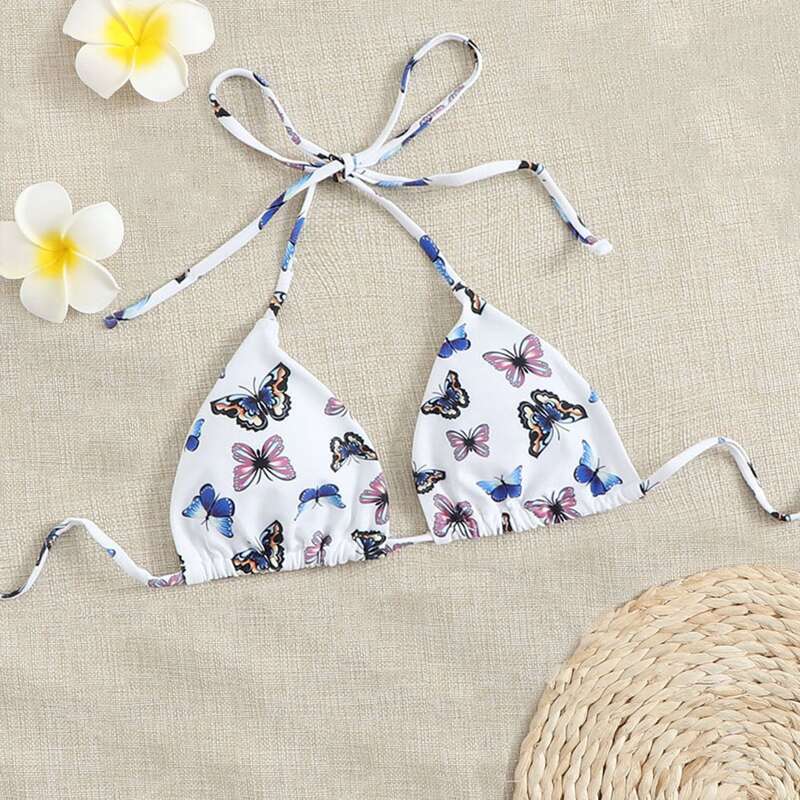 

Butterfly Print Triangle Halter Bikini Top, Multicolor