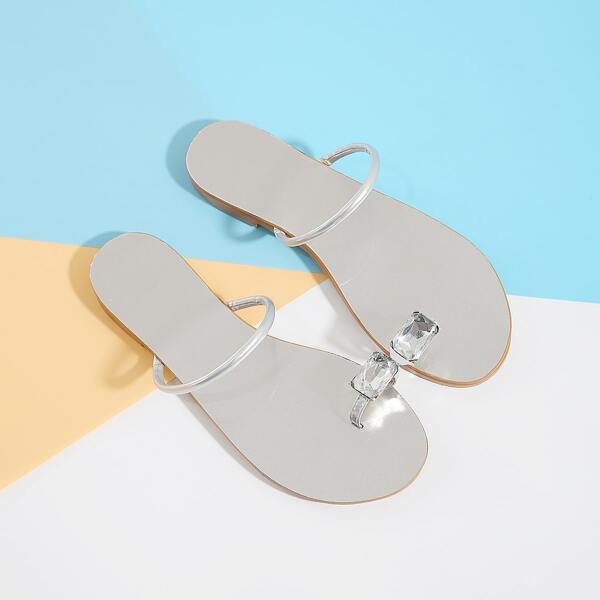 

Toe Loop Rhinestone Decor Slide Sandals, Silver