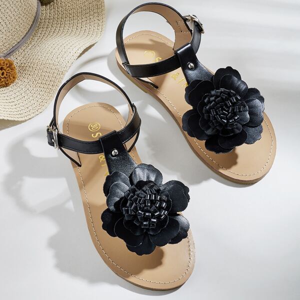 

Toddler Girls Flower Decor Thong Sandals, Black