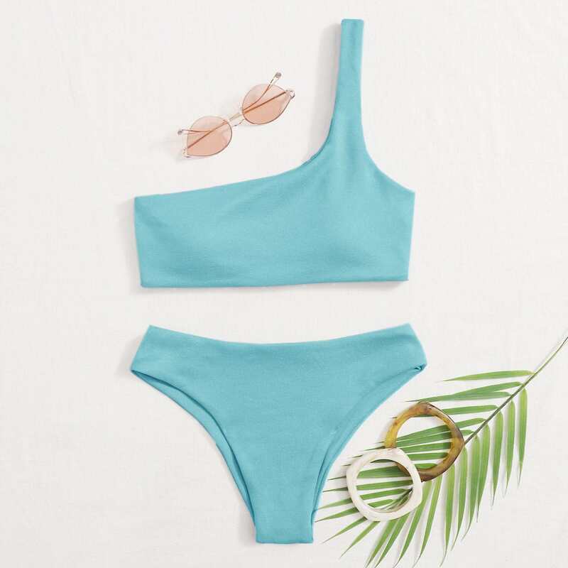 

Solid One Shoulder Bikini Swimsuit, Mint blue