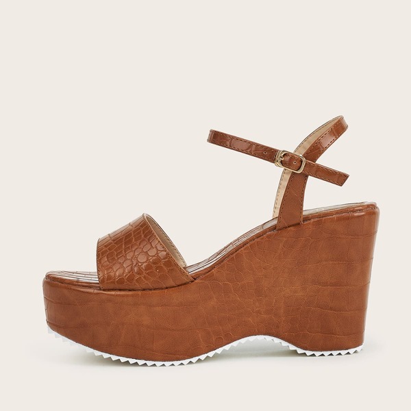 

Croc Embossed Ankle Strap Wedges, Brown