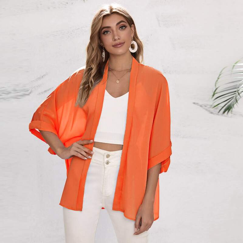 

Neon Orange Roll Up Sleeve Kimono, Orange neon