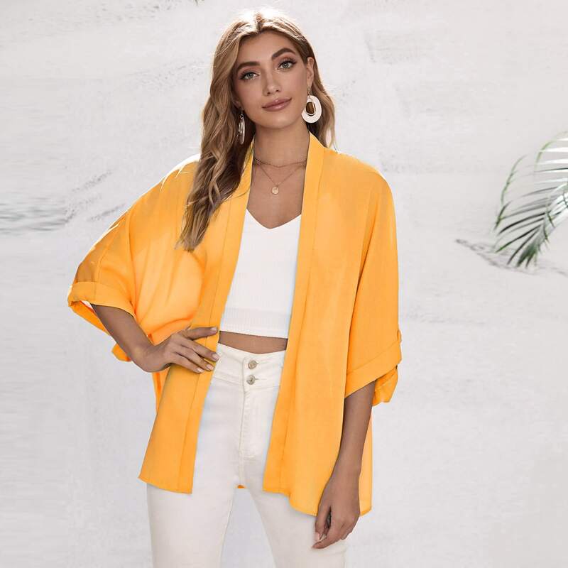 

Solid Roll Up Sleeve Kimono, Bright mustard yellow