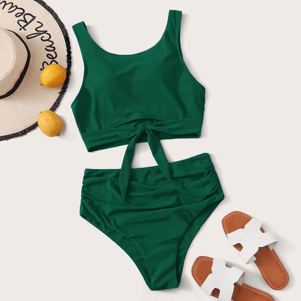 

Knot Front Ruched High Waisted Bikini Swimsuit, Dark green