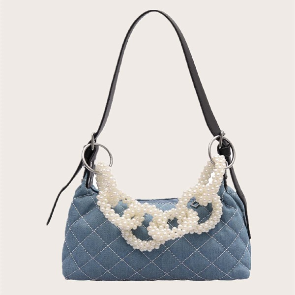

Faux Pearl Decor Quilted Baguette Bag, Blue