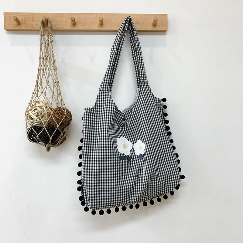 

Gingham Pom Pom Trim Tote Bag, Black and white