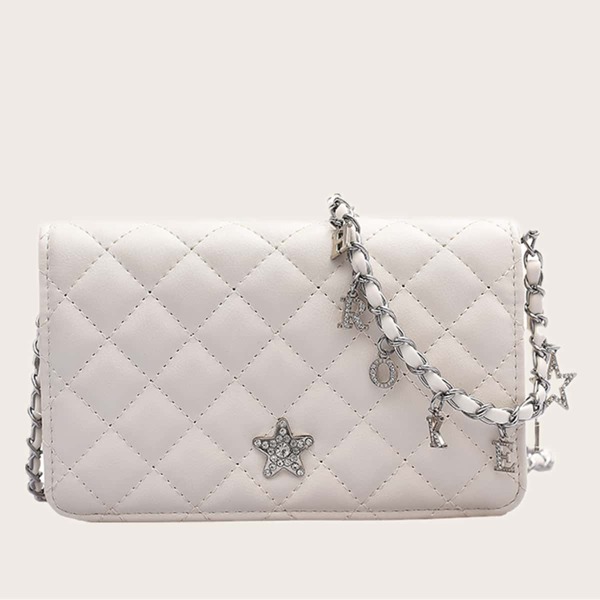 

Rhinestone Decor Quilted Flap Crossbody Bag, White