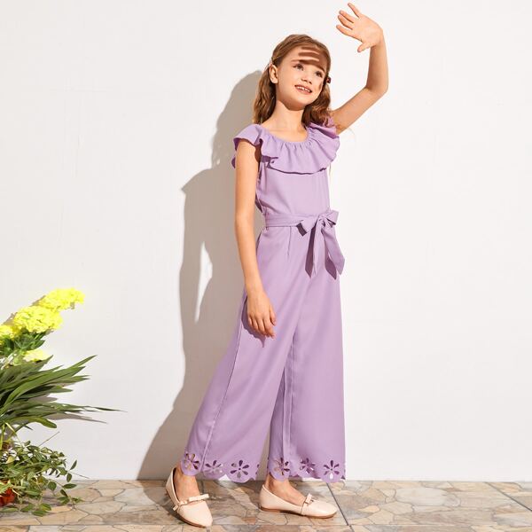 

Girls Ruffle Trim Scallop Edge Laser Cut Hem Palazzo Jumpsuit, Lilac purple