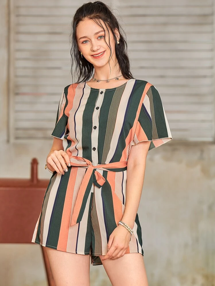 Seusyu Mono con lazo con botón medio de rayas combinadas - Multicolor - Añade 4