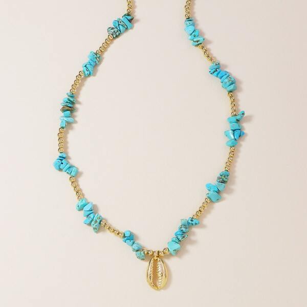 

Shell Charm Beaded Necklace, Blue