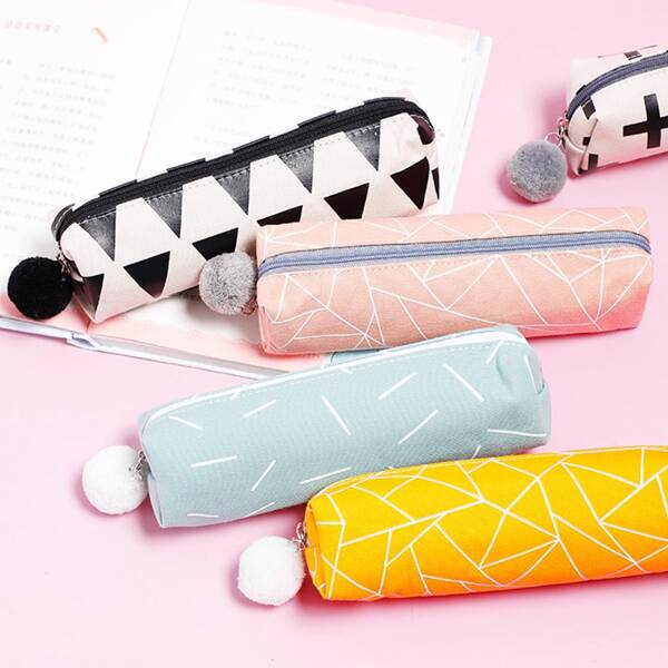 

1pc Pom Pom Decor Pencil Case, Multicolor