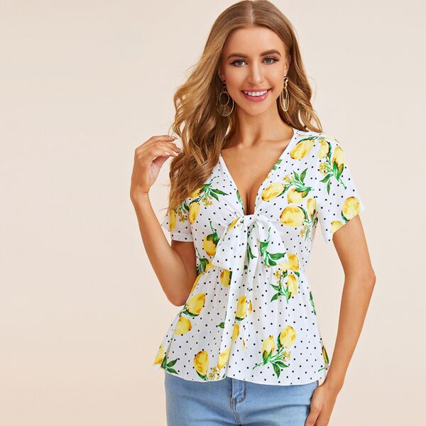 

Polka Dot & Lemon Print Knot Blouse, White
