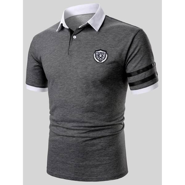 

Men Embroidery Patched Striped Tape Polo Shirt, Grey
