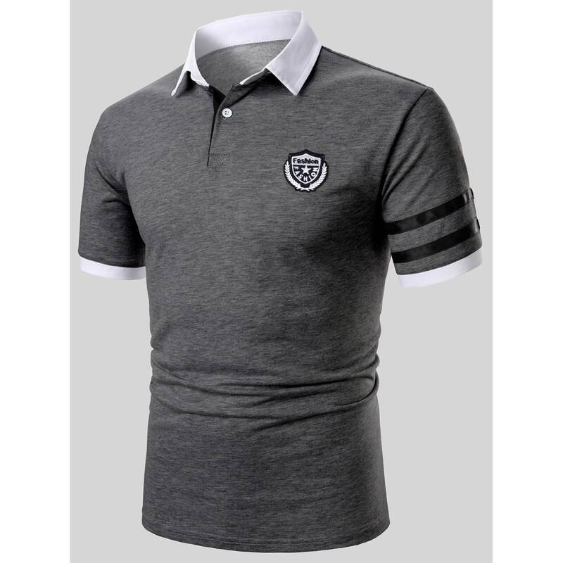 

Guys Embroidery Patched Striped Tape Polo Shirt, Grey